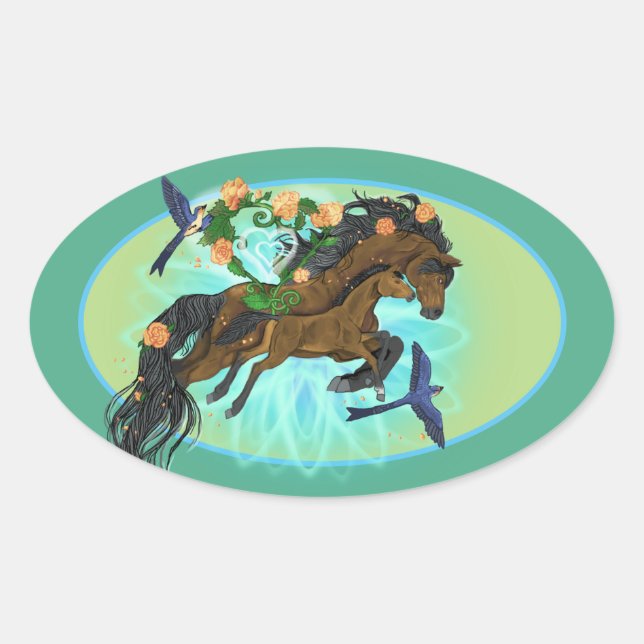 Momma Horse and foal Oval Sticker (Front)
