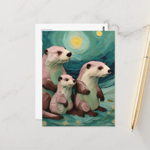 Momma Poppa and Baby Otter in the Ocean Postcard