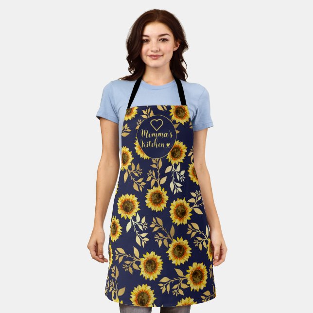 Momma's Kitchen Yellow Gold Navy Sunflowers Leaves Apron (Worn)