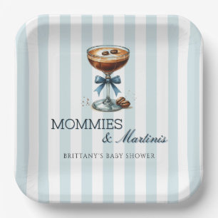 Mommies and Martinis Blue Bow Boy Baby Shower Paper Plate