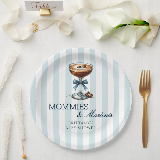 Mommies and Martinis Blue Bow Boy Baby Shower Paper Plate (Wedding)
