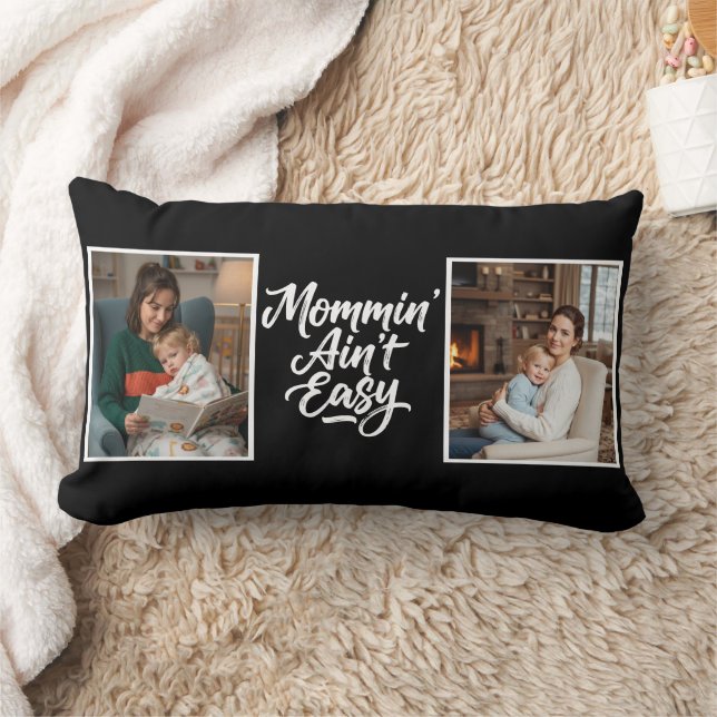 Mommin Ain't Easy Brush Script Two 2 Photo Black Lumbar Pillow (Blanket)