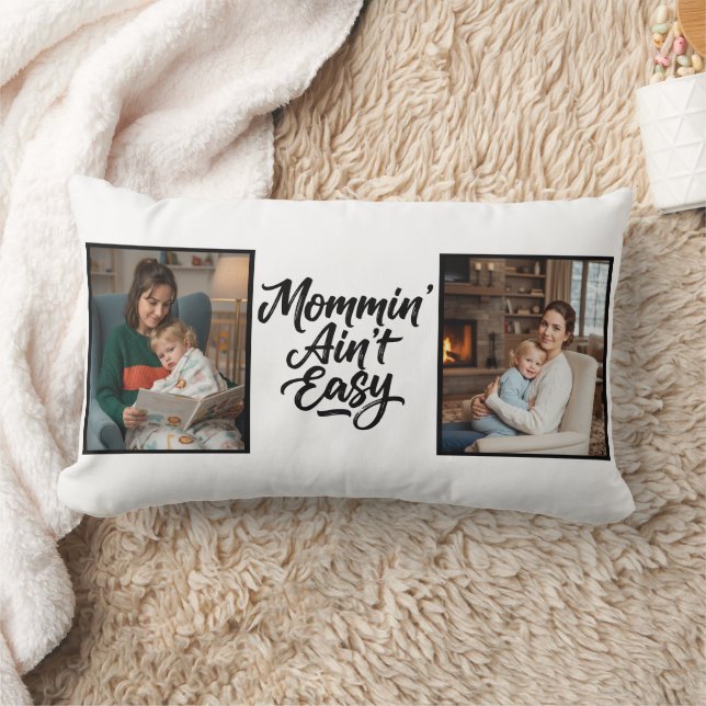 Mommin Ain't Easy Brush Script Two 2 Photo Lumbar Pillow (Blanket)