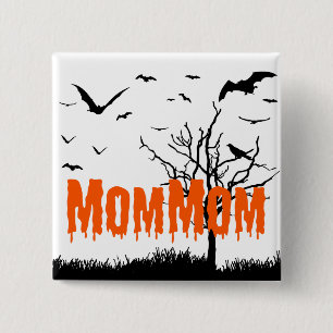 MomMom Orange Dripping Font Flying Bats 2 Inch Square Button
