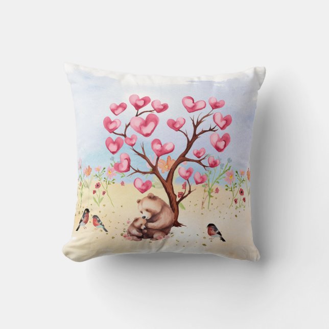 Mommy and Baby Bear Valentine's Tree  Throw Pillow (Front)