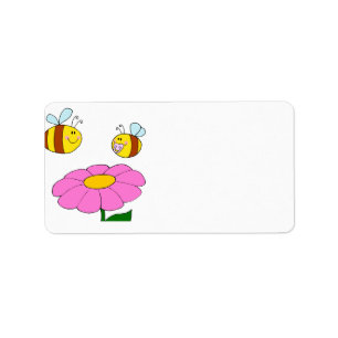 mommy and baby bee flying over flower cartoon label