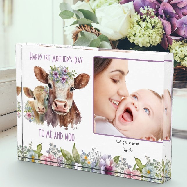 Mommy and Baby Cow Me and Moo Mother's Day Photo Block (Mother's Day photo block with cute mommy and baby cow and fun pun to Me and Moo)