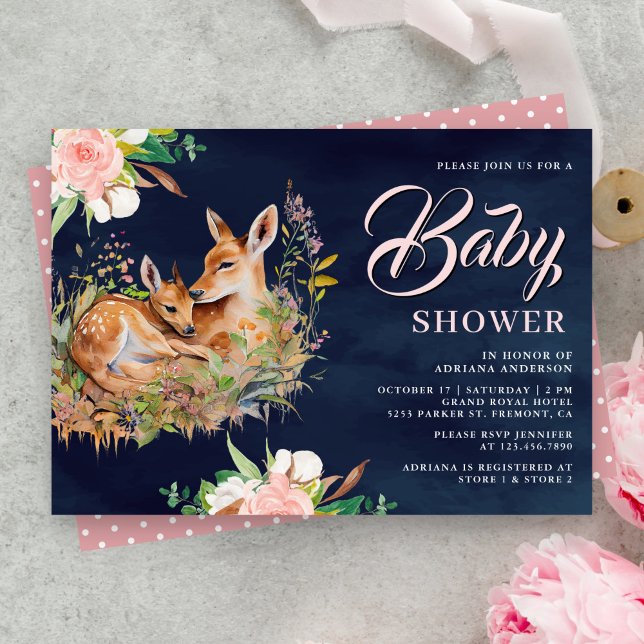 Mommy and Baby Deer Floral Navy Blue Baby Shower Invitation (Creator Uploaded)