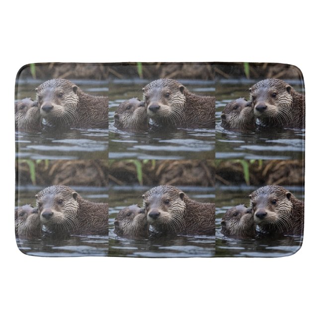 Mommy And Baby Otter Having A Cuddle In The River, Bath Mat (Front)