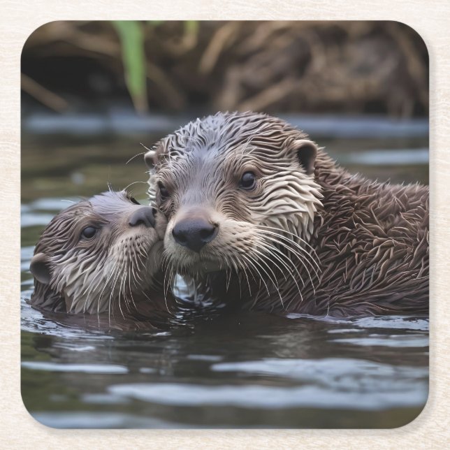 Mommy And Baby Otter Having A Cuddle In The River, Square Paper Coaster (Front)