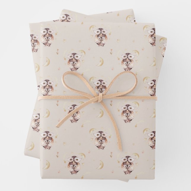 Mommy and Baby Owl Pattern Woodland Baby Shower Wrapping Paper Sheet (In situ)