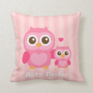 Mommy and Me, Cute Baby Owl, Pink Throw Pillow