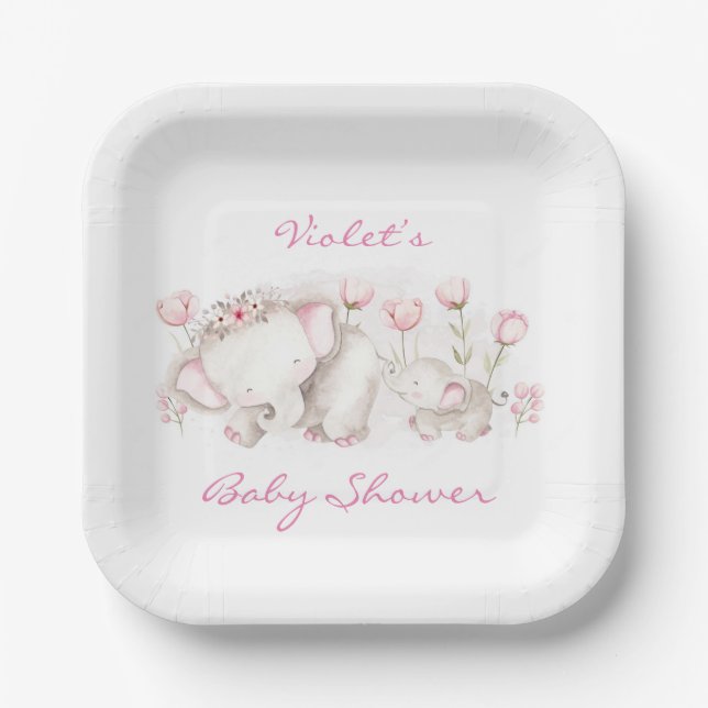 Mommy and Me Elephant Pastel Girl Baby Shower Paper Plate (Front)