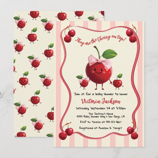 Mommy and twin boy girl Baby Cherry Baby Shower Invitation (Front/Back)