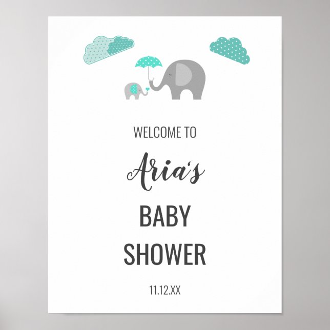 Mommy Baby Elephant Clouds Baby Shower Welcome Poster (Front)