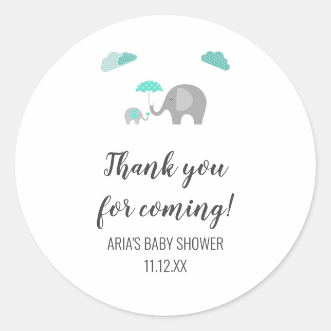 Mommy Baby Elephant with Clouds Baby Shower Favour Classic Round Sticker (Front)