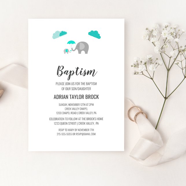 Mommy Baby Elephant with Clouds Baptism Invitation (Creator Uploaded)