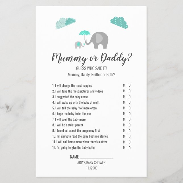 Mommy Baby Elephant with Clouds Mummy/Daddy Game Flyer (Front)