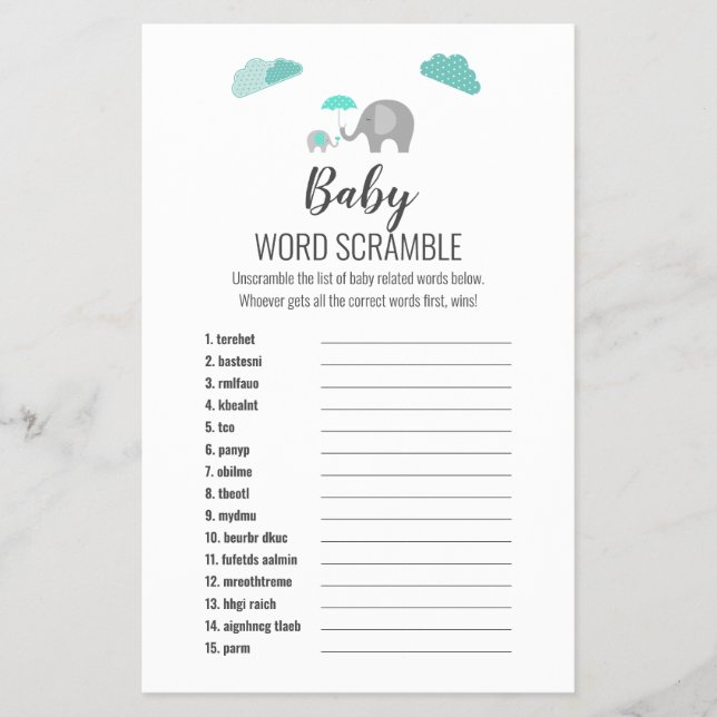Mommy Baby Elephant with Clouds UK Words Scramble Flyer (Front)