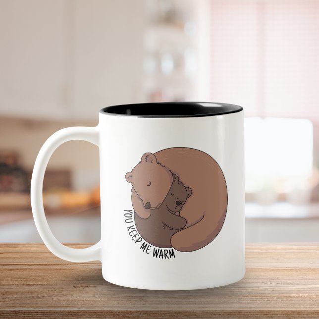 Mommy Bear Hugging Baby Bear Cub Two-Tone Coffee Mug ("You keep me warm")