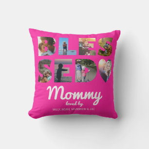Mommy Blessed Photo Collage Personalized Hot Pink Throw Pillow