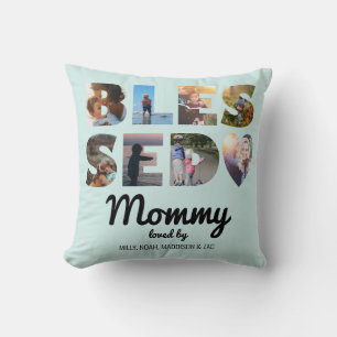 Mommy Blessed Photo Collage Personalized Mint Throw Pillow