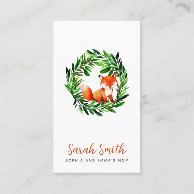 Mommy Calling Cute Fox Greenery Wreath Play Date  Business Card (Front)
