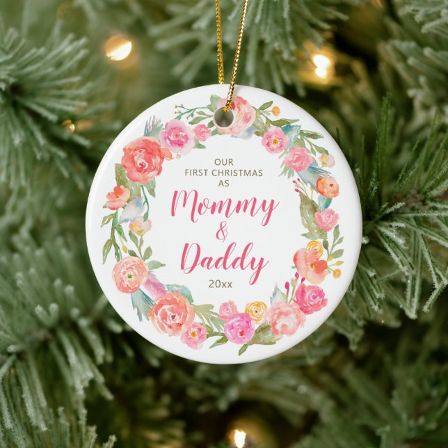 Mommy & Daddy 1st Christmas Floral Personalized Ceramic Ornament (Tree)