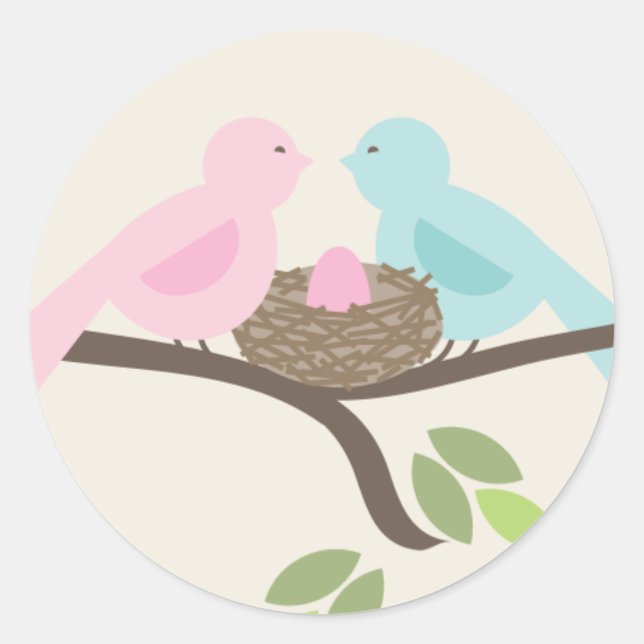 Mommy & Daddy Birds & Pink Egg Baby Shower Classic Round Sticker (Front)