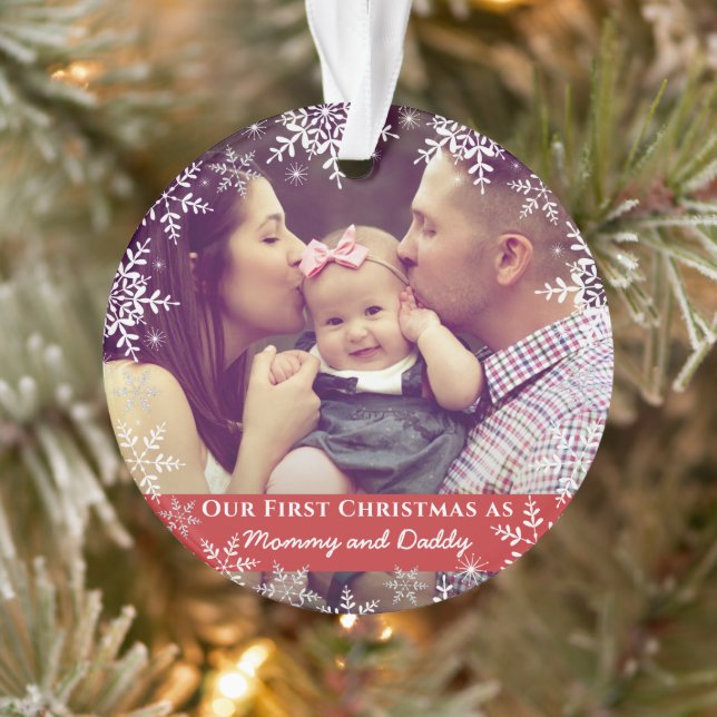 Mommy Daddy First Christmas Snowflakes Red Photo Ornament (Tree)