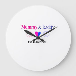 Mommy & Daddy new parents add name date heart blue Large Clock