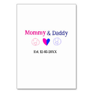 Mommy & Daddy new parents add name date heart blue Table Number