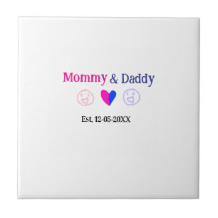 Mommy & Daddy new parents add name date heart blue Tile