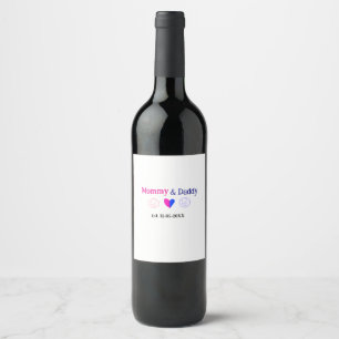 Mommy & Daddy new parents add name date heart blue Wine Label