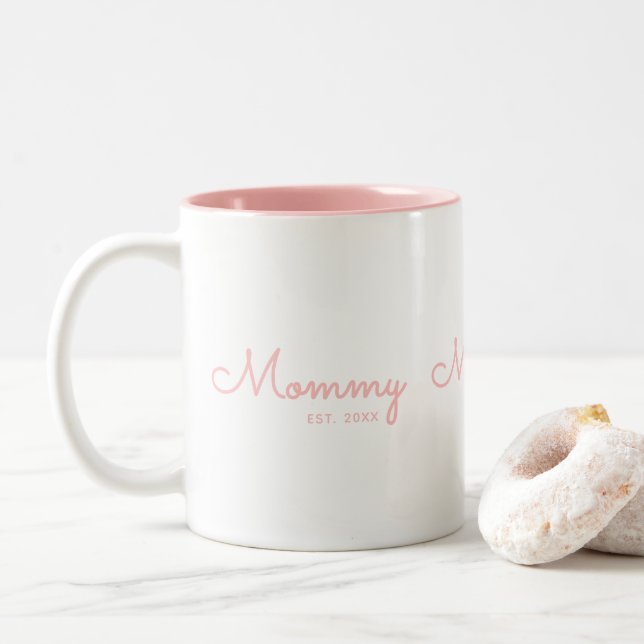 Mommy Established Blush Pink Script  Two-Tone Coffee Mug (With Donut)