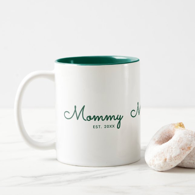 Mommy Established Green Script  Two-Tone Coffee Mug (With Donut)