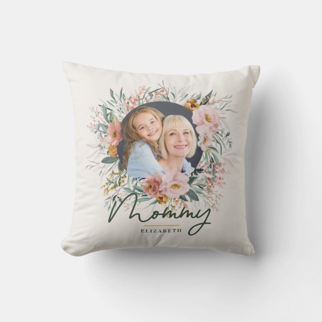 mommy gift photo watercolour floral mothers day throw pillow (Front)