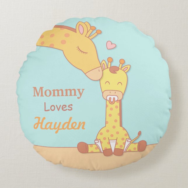 Mommy Giraffe and Baby Calf Nursery Room Decor Round Pillow (Front)