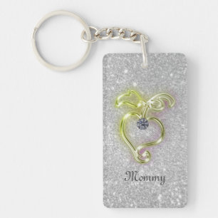 Mommy Golden Heart with Diamond and Sparkles Keychain