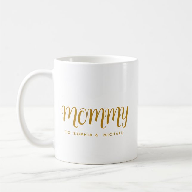 Mommy  Kids Names Gold Script Mother's Day Coffee Mug (Left)
