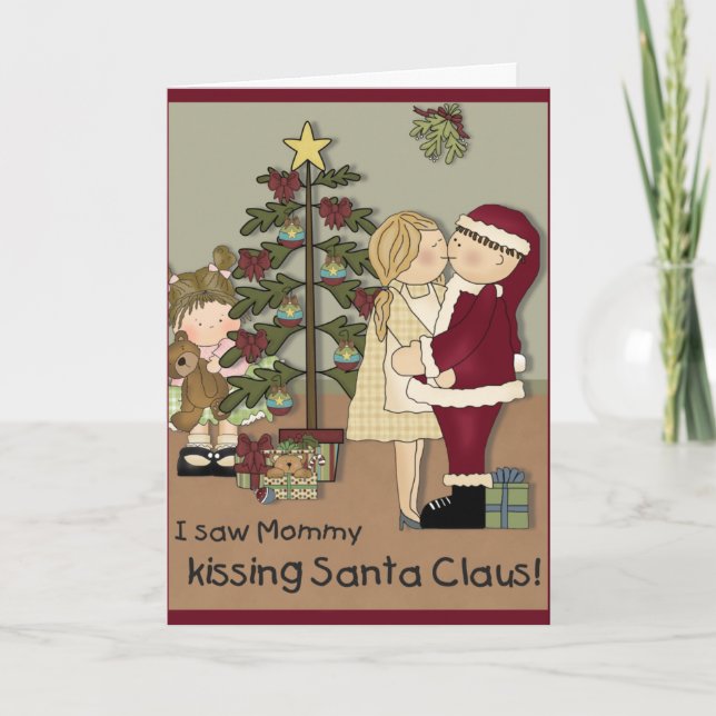 Mommy Kissing Santa Christmas Card (Front)
