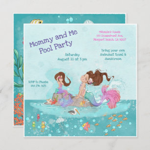 Mommy & Me Pool Girly Brunette Mermaids Invitation