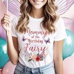Mommy of the Birthday Fairy Parent's Party T-Shirt<br><div class="desc">Celebrate your little one's special day in style with our "Mother of the Birthday Fairy" T-Shirt. This enchanting shirt features whimsical fonts and a charming floral bouquet with butterflies, perfectly matching the colour palette of our Fairy First Birthday collection. Crafted from soft, high-quality fabric, this shirt ensures comfort and elegance...</div>