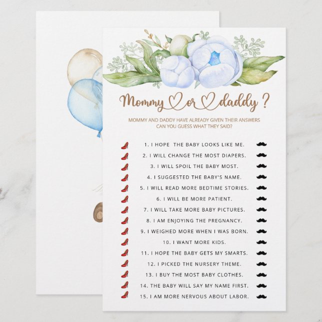 Mommy or daddy baby shower game (Front/Back)
