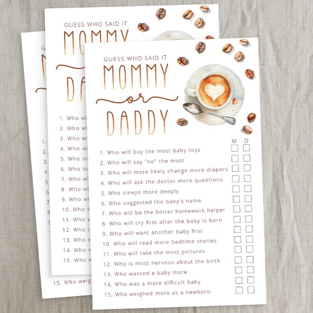 Mommy or Daddy Baby Shower Game Sheet (Baby Shower Game)