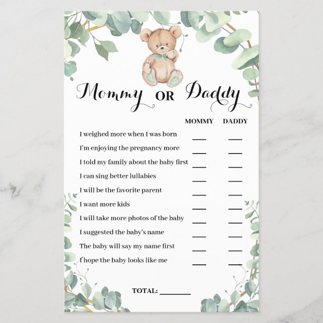 Mommy or Daddy Bear Greenery Baby Shower Game Card (Front)