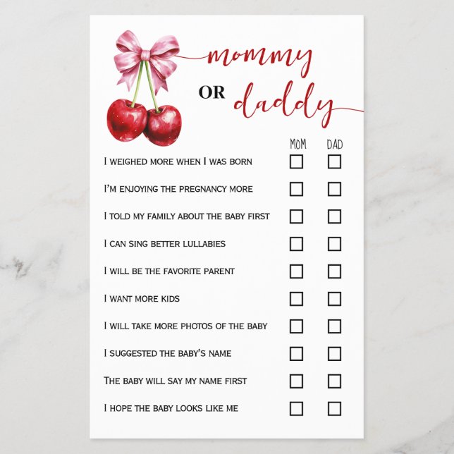 Mommy or Daddy Cherry Baby Shower Game Card (Front)