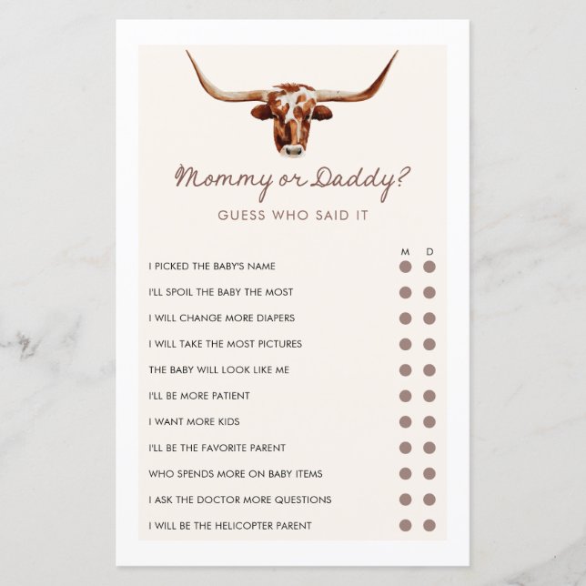 Mommy or Daddy Cowboy Western Baby Shower Game (Front)