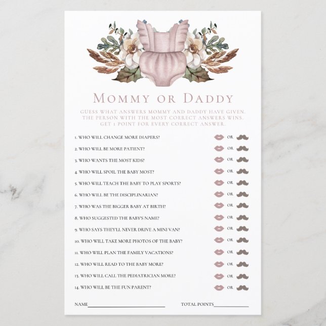 Mommy or Daddy Cute Boho Clothes Baby Shower Game (Front)