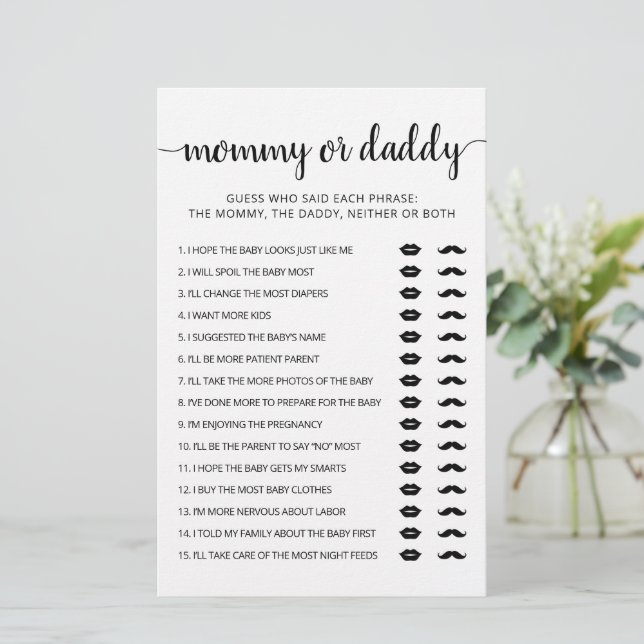 Mommy or Daddy game Baby Shower party Game card (Standing Front)